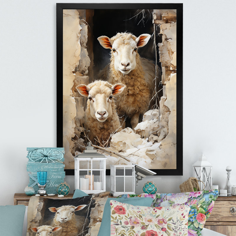 «Beige Sheep Rustic Ruminations I», reproduction d'art sur toile, H 32 po x l 16 po, Cadre photo noir