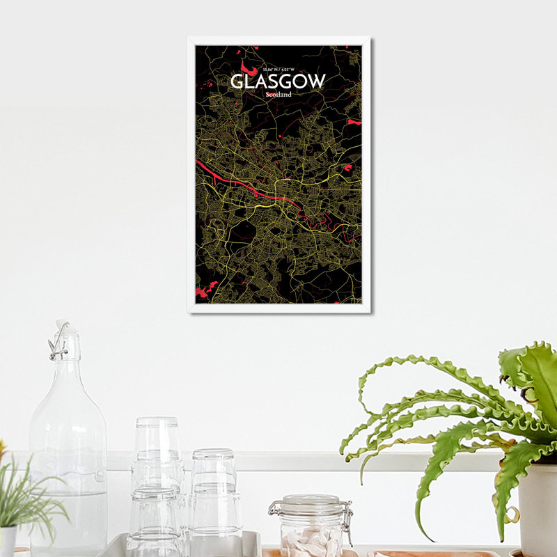 Carte de la ville de Glasgow, impression à l'encre, H 17 po x l 11 po, Noir / rouge / jaune