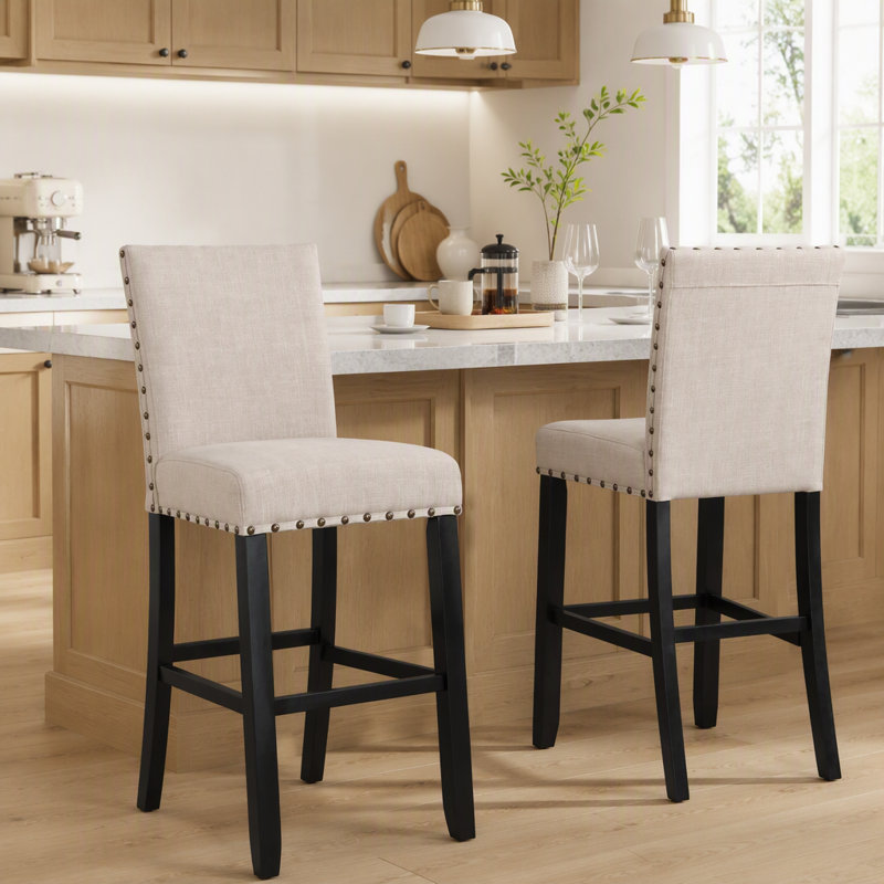 Tabourets de bar en tissu avec garniture cloutée, ensemble de 2
