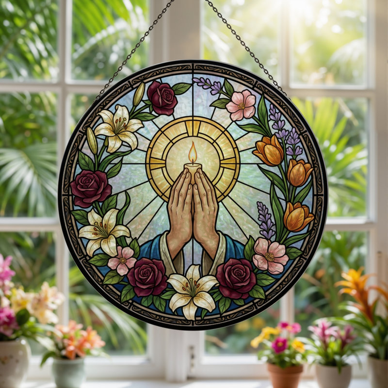 Praying Hands Stained Glass Window Panel，12"H, 12"H