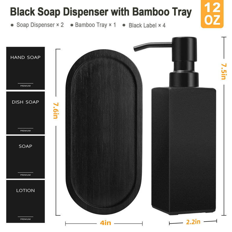 Ensemble de distributeur de savon de cuisine, distributeur de savon à main et à vaisselle, distributeur de savon liquide noir avec plateau, distributeurs de vaisselle rechargeables pour la cuisine, bouteilles de savon en verre avec pompe en acier inoxyd
