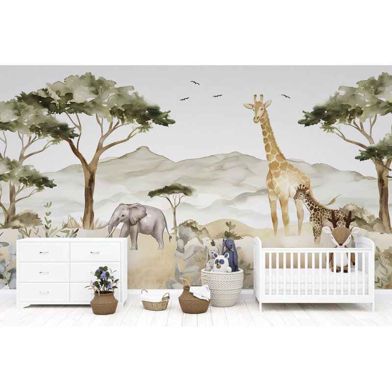 Murale animaux de safari | Papier peint Jungle Nursery avec girafe et éléphant, 100 po x 145 po, Premium Non-Woven