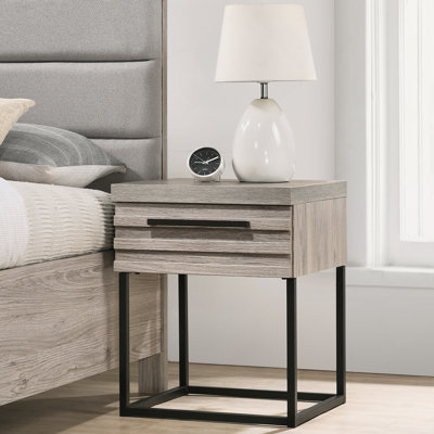 Table de chevet contemporaine en bois avec base en métal, taille unique, table de chevet SEULEMENT, gris vieilli