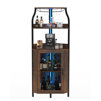 Space-Saving Corner Bar Cabinet with Power Outlet & LED Lights