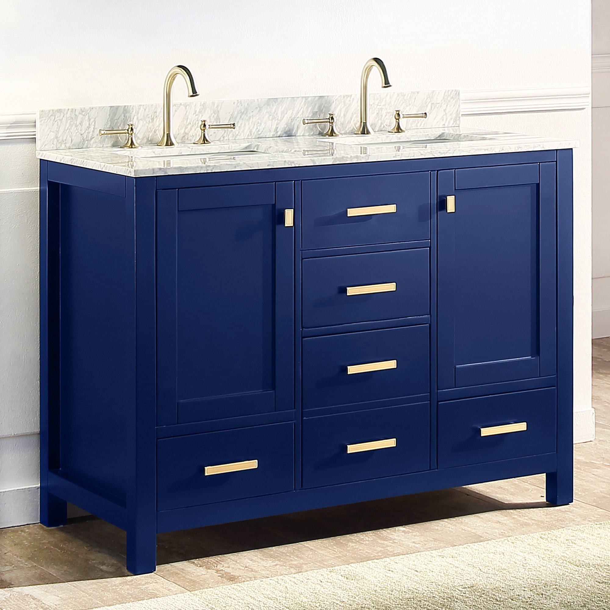 Home Decorators Collection Fremont 72 in. W x 22 in. D x 34 in. H Double Sink Freestanding Bath Vanity in Navy Blue with Gray Granite Top