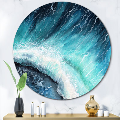 Bleu marine, vagues de l'océan avec écume de mer blanche I - art mural nautique et côtier en cercle