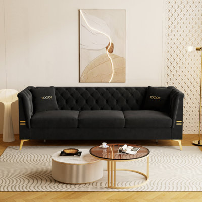 (Canapé avec 2 coussins) - Canapé moderne en velours touffeté, canapé 3 places Mid-Century de 82,67 po avec pieds et coussins en métal doré, élégant canapé de style Chesterfield pour le salon