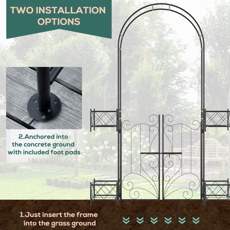 Black Metal Garden Arbor with Scrollwork Hearts and Planter Boxes