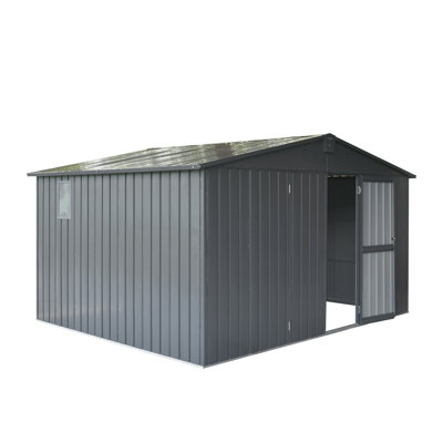 Grande remise de rangement en métal de 11 pi x 9 pi avec fenêtres, remise à outils extérieure en acier galvanisé, buanderie verrouillable pour la cour et le patio