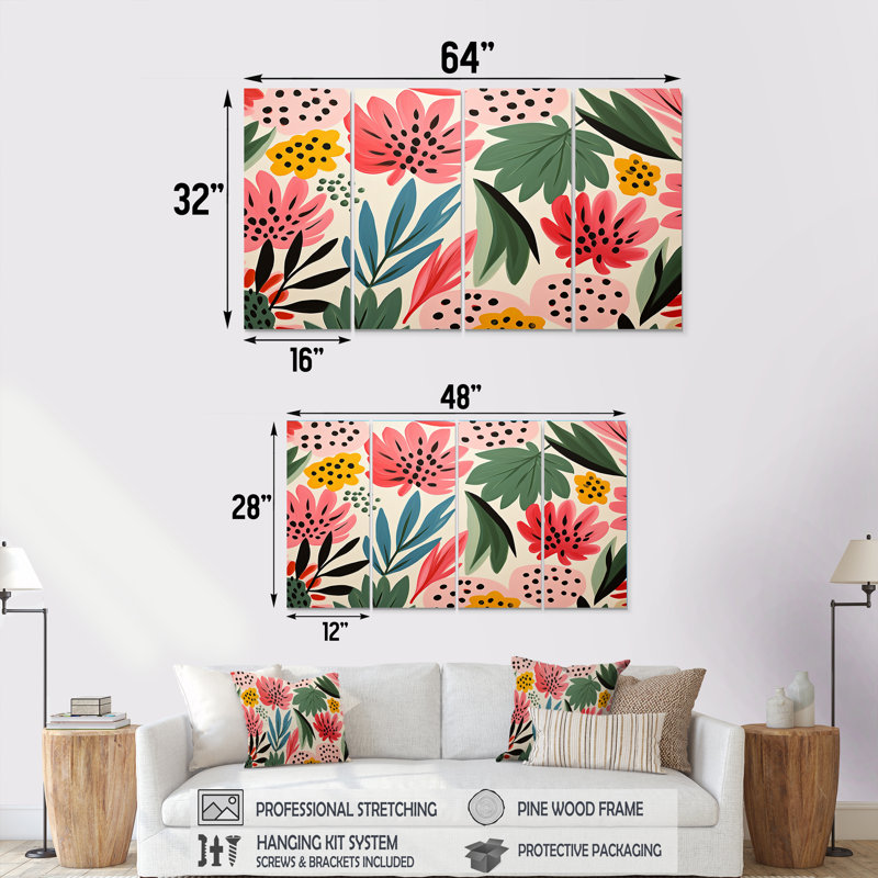 Ensemble de 4 décorations murales roses et tropicales par Matisse II - palmiers et palmiers, H 32 po x l 64 po