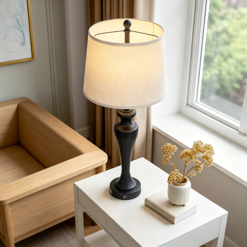 Lampe de table moderne à commande tactile avec ports USB A + C et prise de courant, lampe de salon ou de chevet à intensité variable à 3 voies, ampoule DEL incluse, assemblage facile