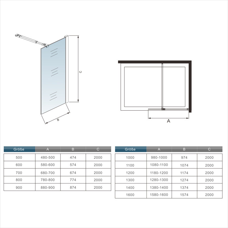 Patria 2000mm H Walk In Glass Screens with Glass, 900mm
