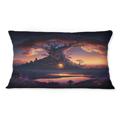 Coucher de soleil sur un bonsaï au bord du lac II - Coussin décoratif imprimé arbre