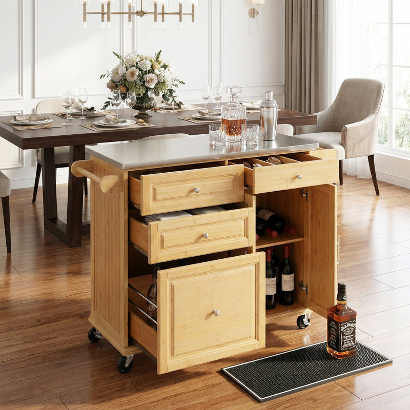 Îlot de cuisine intérieur en bambou avec plateau en acier inoxydable - Chariot mobile avec tiroirs, armoire et porte-serviettes pour la salle à manger et le bar