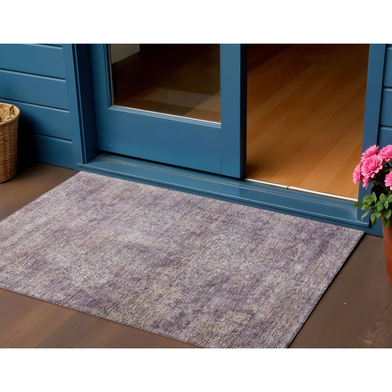 3' X 5' Plum And Lavender Floral Washable Indoor Outdoor Area Rug
