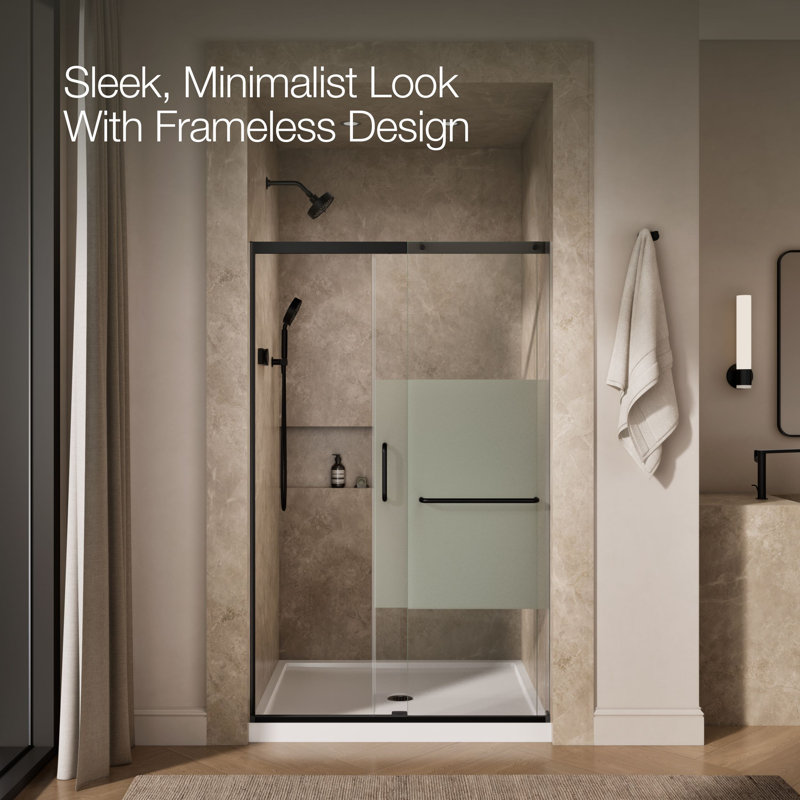 Elate Tall Sliding Shower Door, 75-1/2-In H X 50-1/4 - 53-5/8-In W, With Heavy 5/16-In Thick Crystal Clear Glass With Privacy Band