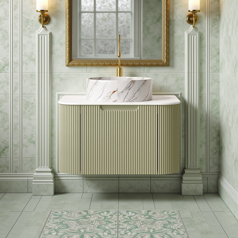 Meuble-lavabo flottant - comptoir en céramique blanche et comptoir en pierre (pré-assemblé, sans robinet), Vert, 24"
