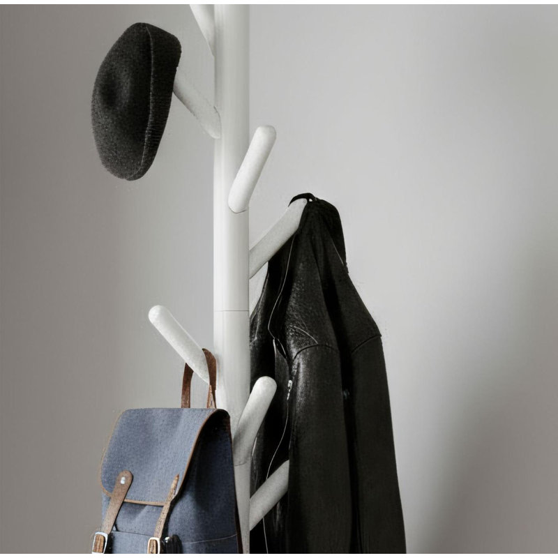 White Wooden Freestanding Coat Rack With 8 Hooks + Practical Storage Rack With 4 Height Adjustable Positions. Suitable For Hanging Bags, Clothes, Umbrellas, And Hats. A Versatile And Practical Home Storage Solution.