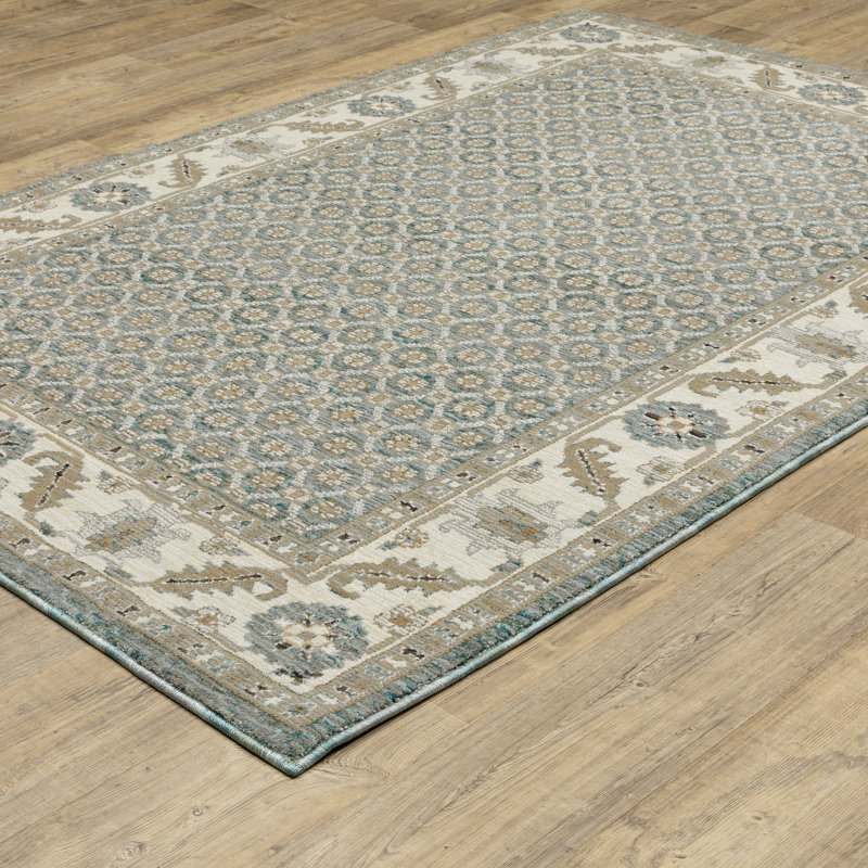 Tapis oriental rayé en nylon / polypropylène bleu / ivoire, Rectangle 10 pi x 13 pi 2 po