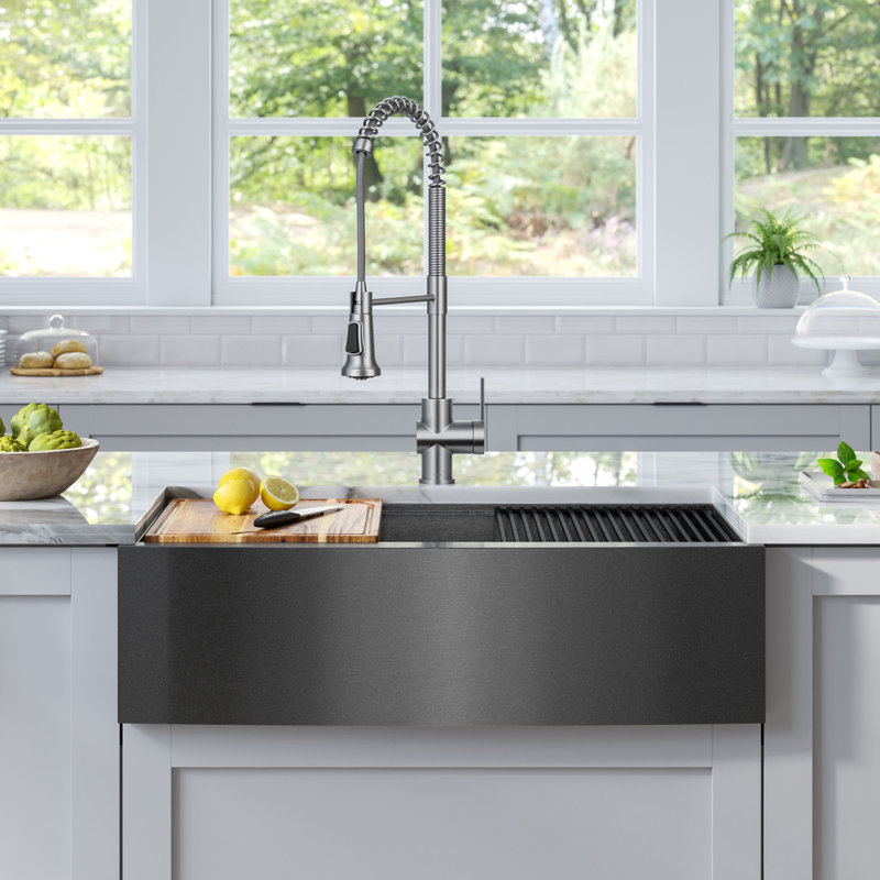 KRAUS Kore™ Workstation Farmhouse Apron Front 16 Gauge Single Bowl Kitchen Sink, Black Stainless Steel