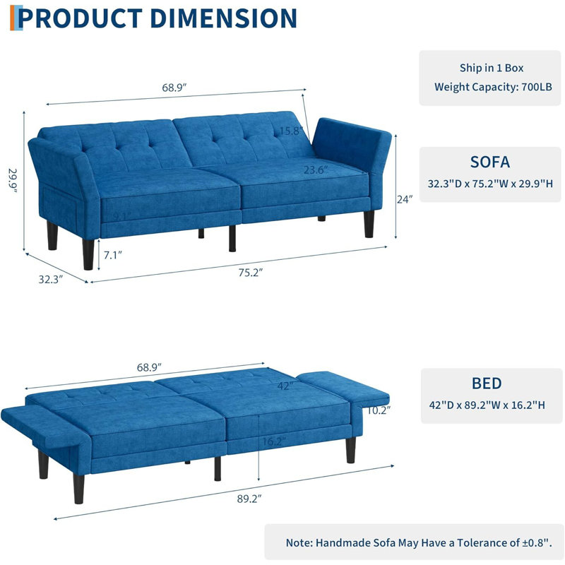 Canapé-lit futon de 89 po avec dossier et accoudoirs réglables, Bleu
