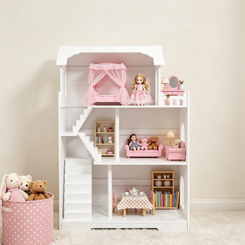 Modern Dollhouse, Kids Book Toy Display Freestanding Bookshelf, 3 Tier Kids Dollhouse For Children Above 3 Years Old Role Playing