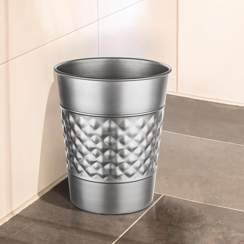 Silver Geometric Embossed Metal Waste Basket