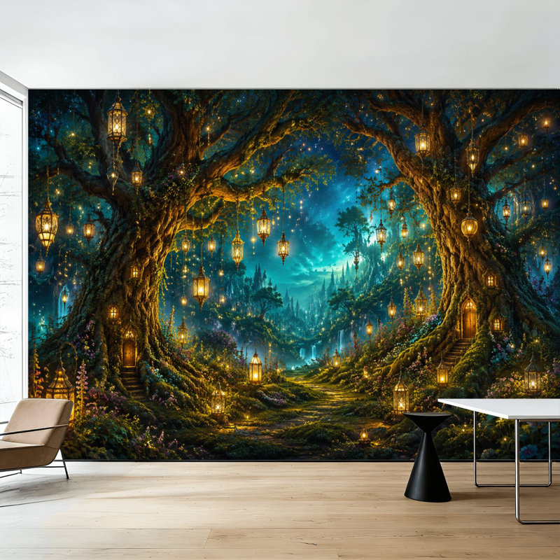 Papier peint adhésif pelez et collez Scène de forêt, lanternes lumineuses, étincelles magiques, art mural, 99.6" L x 144" W