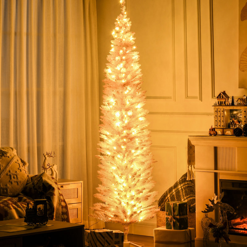 Grand sapin de Noël rose de 7 pi avec branches ignifuges, 200 lumières DEL blanc chaud et base à basse consommation artificielle à installation rapide, 499 pointes