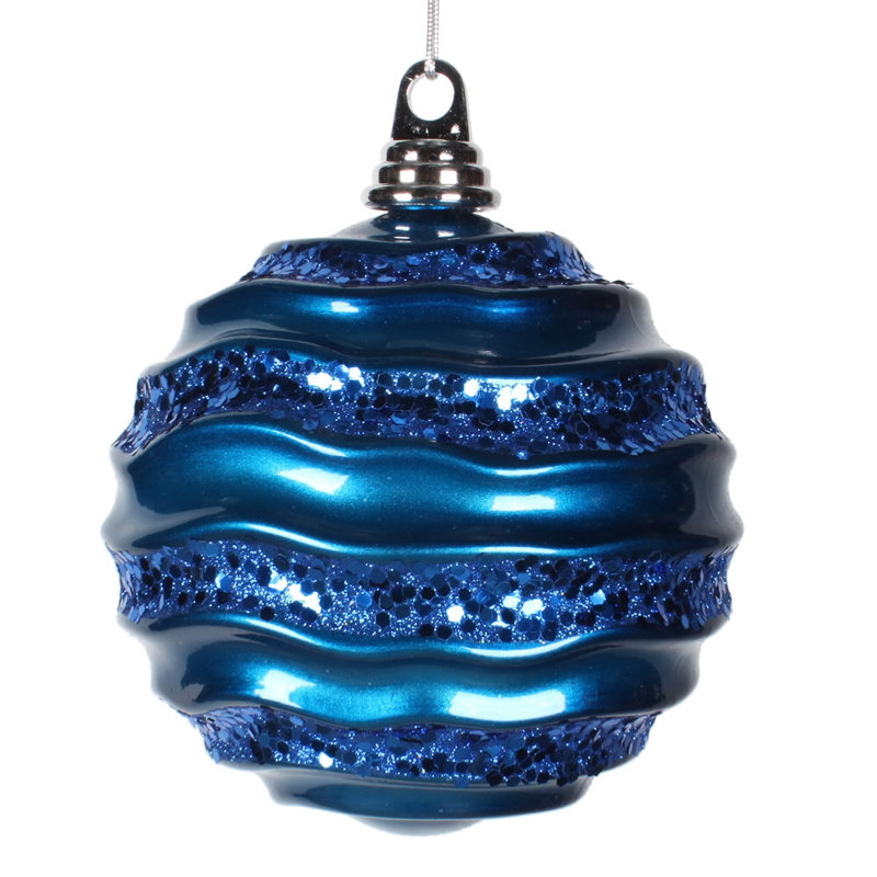 Ornement de Noël boule rayée et scintillante, H 8 po x l 8 po x P 8 po, Bleu mer