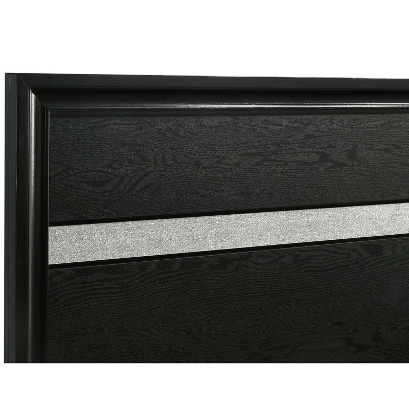 Grand lit à panneau de rangement noir avec tiroirs, poignées ornées de cristaux et garniture scintillante en bois massif