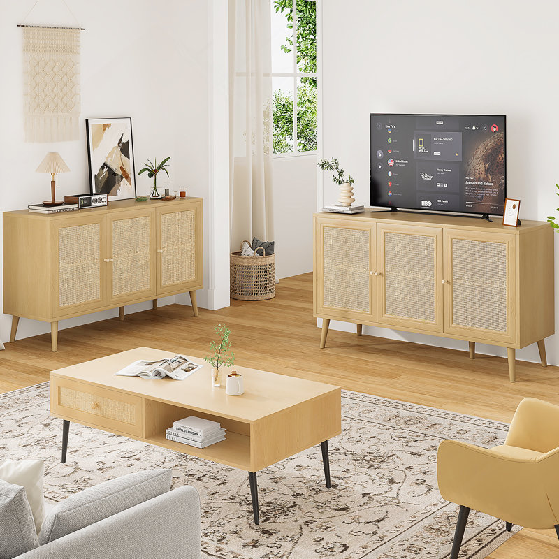 Buffet buffet avec 3 portes en rotin, console de rangement pour l'intérieur, Naturel