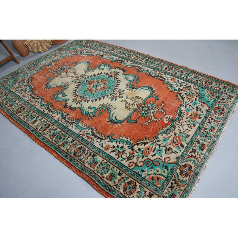 Tapis unique de style Oushak turc rétro tissé à la main pour un décor de salon bohémien et un plancher oriental