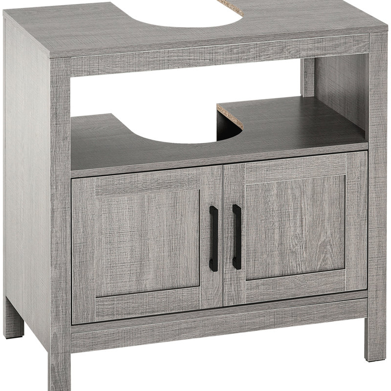 Meuble-lavabo gris avec 2 portes et tablettes de rangement sous une étagère ouverte