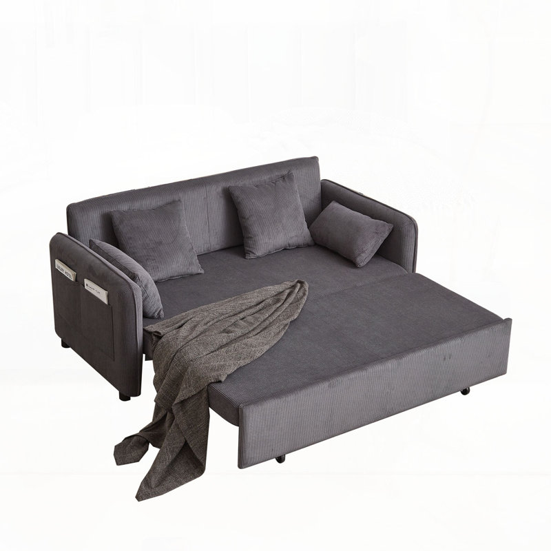 Corduroy Fabric Adjustable Sleeper with Pullout Bed 4 Pillows and Side Pockets, Gray
