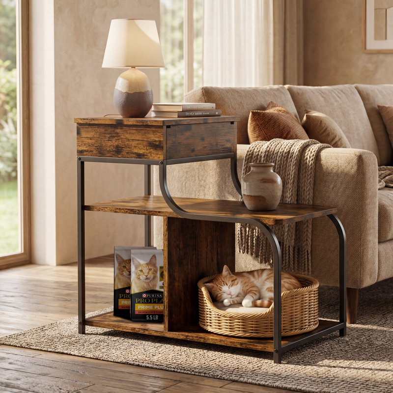 25.6'' End Table with Storage Space and Charging Station; 1 USB and 1 Type-C ports, 2 AC Power Outlets; Accommodates Common Cat House
