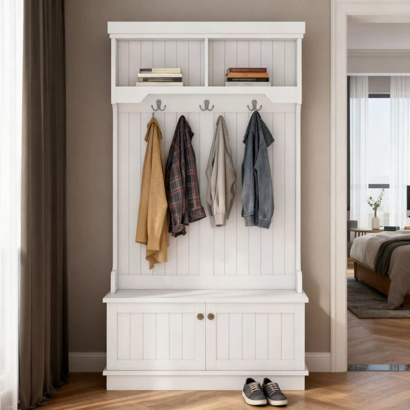 Hall Tree With Storage Shoe Bench For Entryway And Hallway, 4-In-1 Design Coat Racks With Hooks For Living Room, White, White
