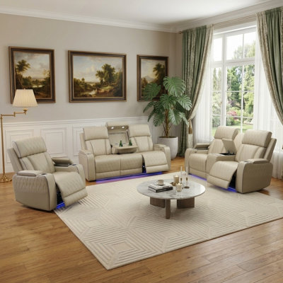 3-Piece Power Recliner Sofa Set, Breathable Leather Living Room Furniture with LED Lighting, USB Ports, Cup Holders & Storage