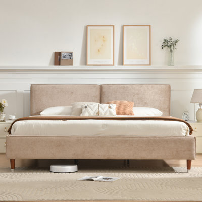 Luxury Beige Upholstered Platform Bed With Quilted Pillow-Style Headboard, Reinforced Frame, Clip-On Slat Support, No Box Spring Needed