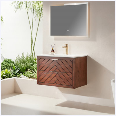 Meuble-lavabo mural simple 30 po avec comptoir en céramique flottant pré-assemblé pour salle de bain compacte 30 po