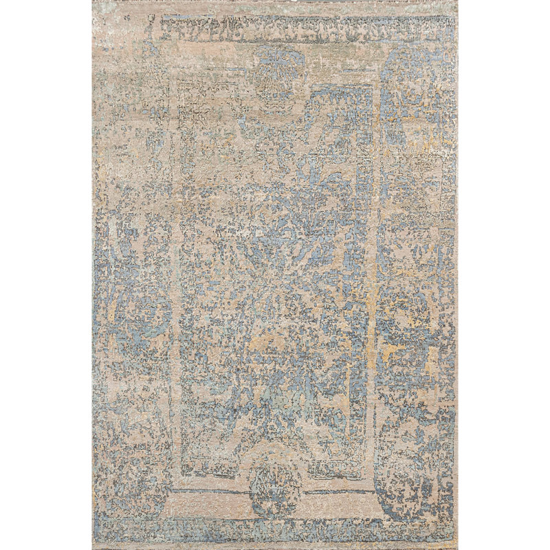 Tapis beige et bleu clair noué à la main de haute qualité, Rectangle 6 pi x 9 pi