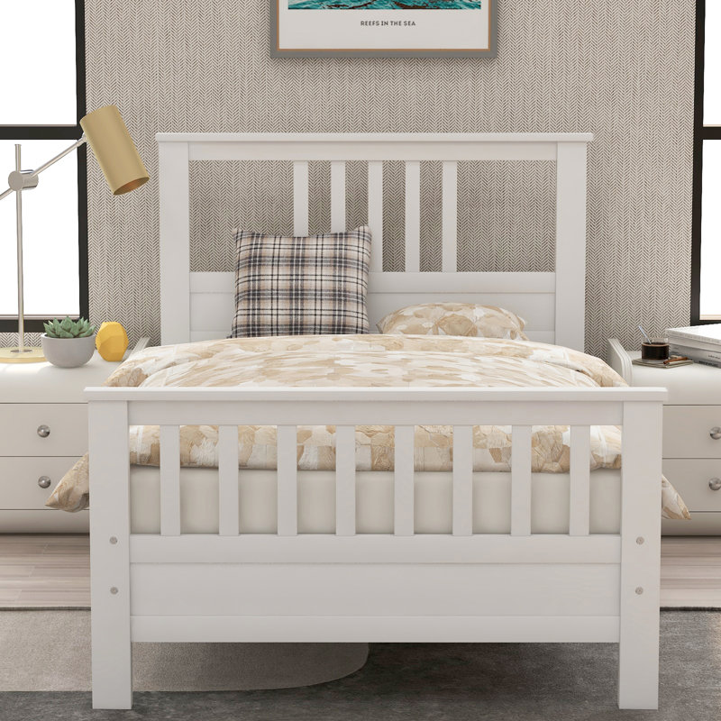  Lit plateforme en bois avec tête et pied de lit en bois, simple, blanc, Simple