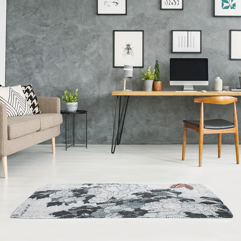 Tapis blanc cassé/noir à pivoines et papillon, Rectangle 3 pi x 5 pi