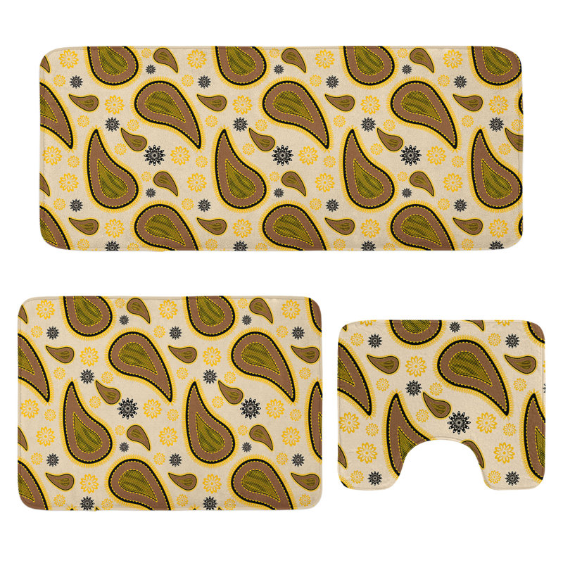  Paisley Bathroom Rug Set 3 Pieces U-Shape & Rectangle Mats Caramel Beige