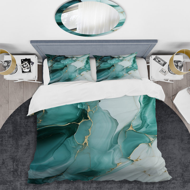Gold and Emerald Marble Ink Flow - Ensemble de housse de couette en marbre abstrait