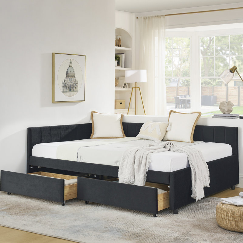 Full Size, Velvet, Upholstered Bed Frame, Two Storage Drawers, Comfortable Bed, , , Contemporary, Family Room Black Size Frame With And Modern For