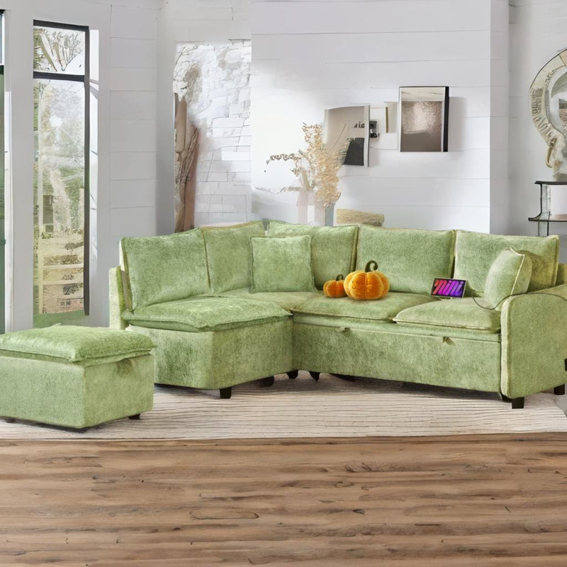 Canapé modulaire et canapé-lit Ottobert 82,67 po Chenill, Chenille verte / rembourrage en mousse