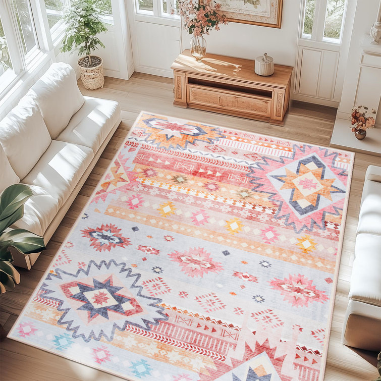 Wymond  Machine Washable Moroccan Area Rug Aztec Geometric Carpet With Non-Slip Backing