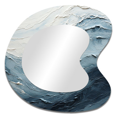 Alitzel Minimalism Black And Blue Paint Wave II - Coastal Asymmetrical Unique Mirror, Blue Freeform Large Wall Mirror, Printed Metal Art