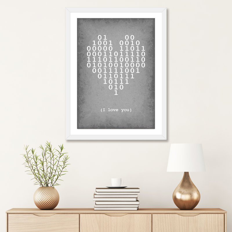 Code binaire «I Love You» - reproduction d'art textuel, H 32 po x l 24 po x P 1 po, Papier encadré blanc, Blanc